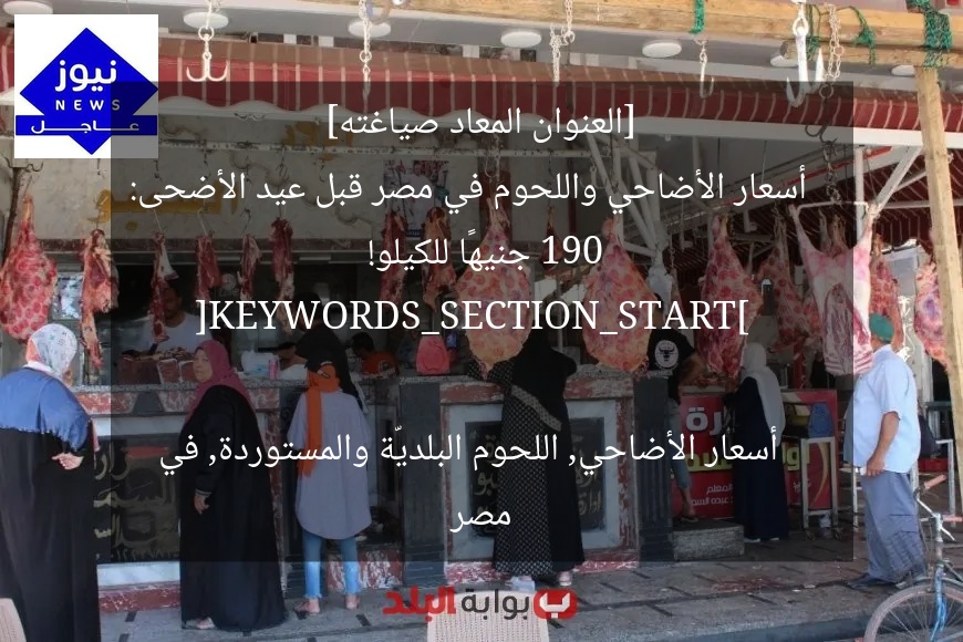 [العنوان المعاد صياغته]  
أسعار الأضاحي واللحوم في مصر قبل عيد الأضحى: 190 جنيهًا للكيلو!  

[KEYWORDS_SECTION_START]  
أسعار الأضاحي, اللحوم البلديّة والمستوردة, في مصر