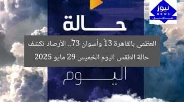 العظمى بالقاهرة 31° وأسوان 37°.. الأرصاد تكشف حالة الطقس اليوم الخميس 29 مايو 2025