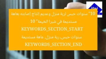 “10 سنوات حبس لربة منزل وعديم إنتاج إصابته بعاهة مستديمة في شبرا الخيمة”  
KEYWORDS_SECTION_START  
10 سنوات حبس, ربة منزل, عاهة مستديمة  
KEYWORDS_SECTION_END
