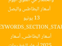 [العنوان المعاد صياغته]  
أسعار البطاطس والبصل والخضار في السوق اليوم 13 يونيو 2025  

[KEYWORDS_SECTION_START]  
أسعار الخضروات, أسعار البطاطس, أسعار البصل