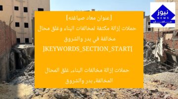 [عنوان معاد صياغته]  
حملات إزالة مكثفة لمخالفات البناء وغلق محال مخالفة في بدر والشروق  

[KEYWORDS_SECTION_START]  
حملات إزالة مخالفات البناء, غلق المحال المخالفة, بدر والشروق