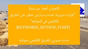 [العنوان المعاد صياغته]  
“كوارث مرورية: تصادم سيارتين خطير على الطريق الإقليمي في المنوفية”  

[KEYWORDS_SECTION_START]  
حادث مروري, الطريق الإقليمي, منوفية