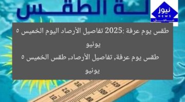 طقس يوم عرفة 2025: تفاصيل الأرصاد اليوم الخميس 5 يونيو  
طقس يوم عرفة, تفاصيل الأرصاد, طقس الخميس 5 يونيو