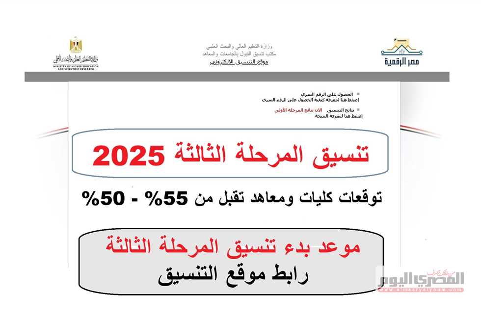 تنسيق المرحلة الثالثة 2025 علمي علوم ورياضة.. كليات تقبل من 50% حتي 60%