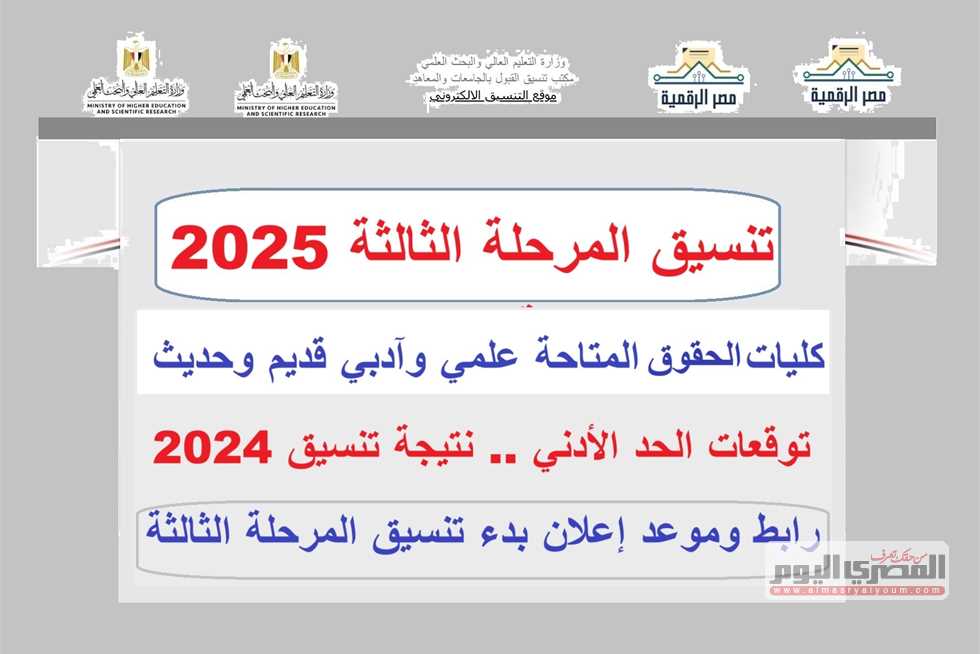 تنسيق الثانوية العامة 2025 المرحلة الثالثة.. كليات الحقوق المتاحة علمي علوم ورياضة وأدبي