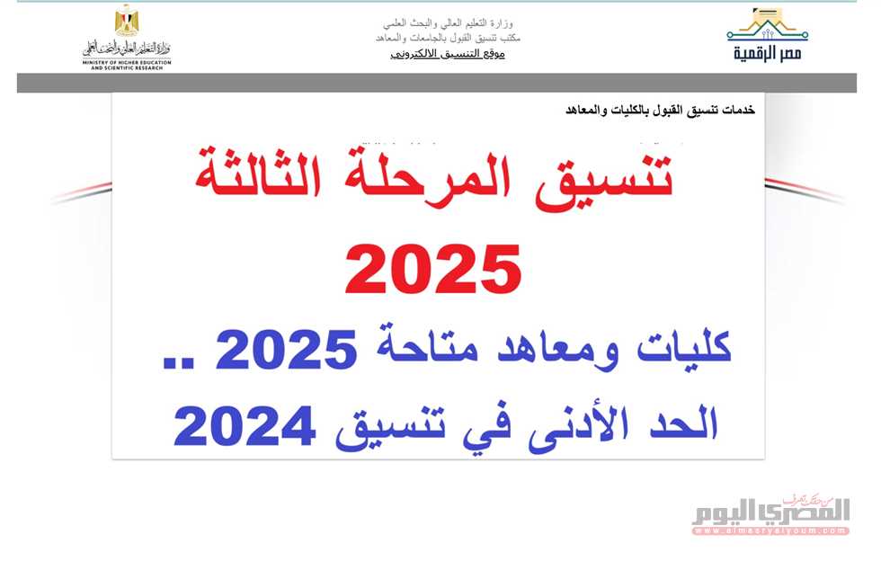 تنسيق المرحلة الثالثة 2025.. توقعات الحد الأدنى لـ الكليات والمعاهد المتاحة علمي علوم ورياضة تقبل من 50%