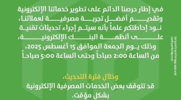 بنك التعمير والإسكان: توقف مؤقت لبعض الخدمات الإلكترونية فجر الجمعة بسبب تحديثات تقنيك