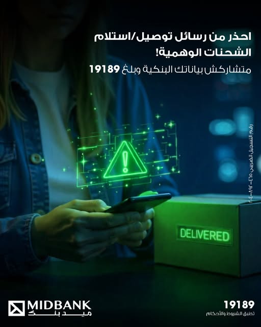 تنبيه عاجل من ميدبنك: رسائل توصيل الشحنات الوهمية تهدد أموالك