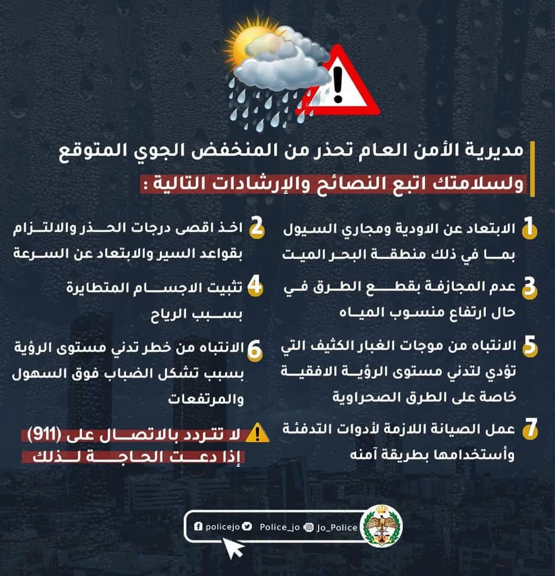 عاجل.. تحذيرات أمنية من المنخفض الجوي المتوقع في اليومين القادمين