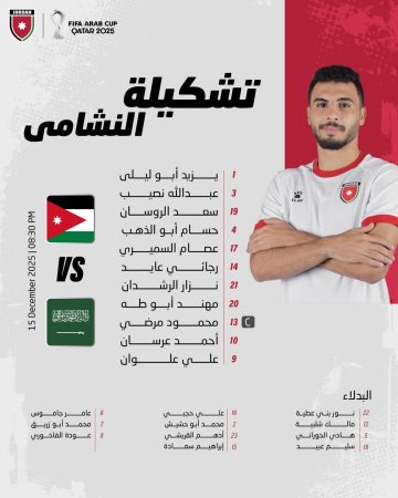 عاجل.. سلامي يعلن تشكيلة النشامى لموقعة السعودية الحاسمة نحو نهائي كأس العرب