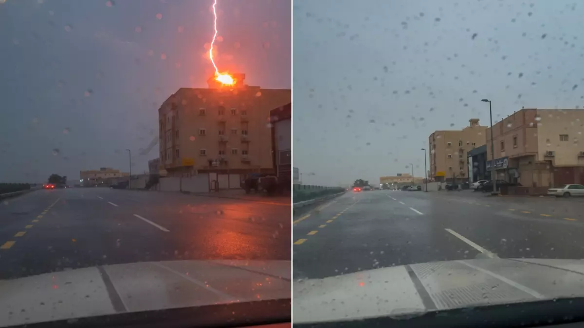 عاجل.. صادم: صاعقة جنونية تضرب مبنى في جدة والسيارات تمر بجانبها! المصير كان محتوماً…