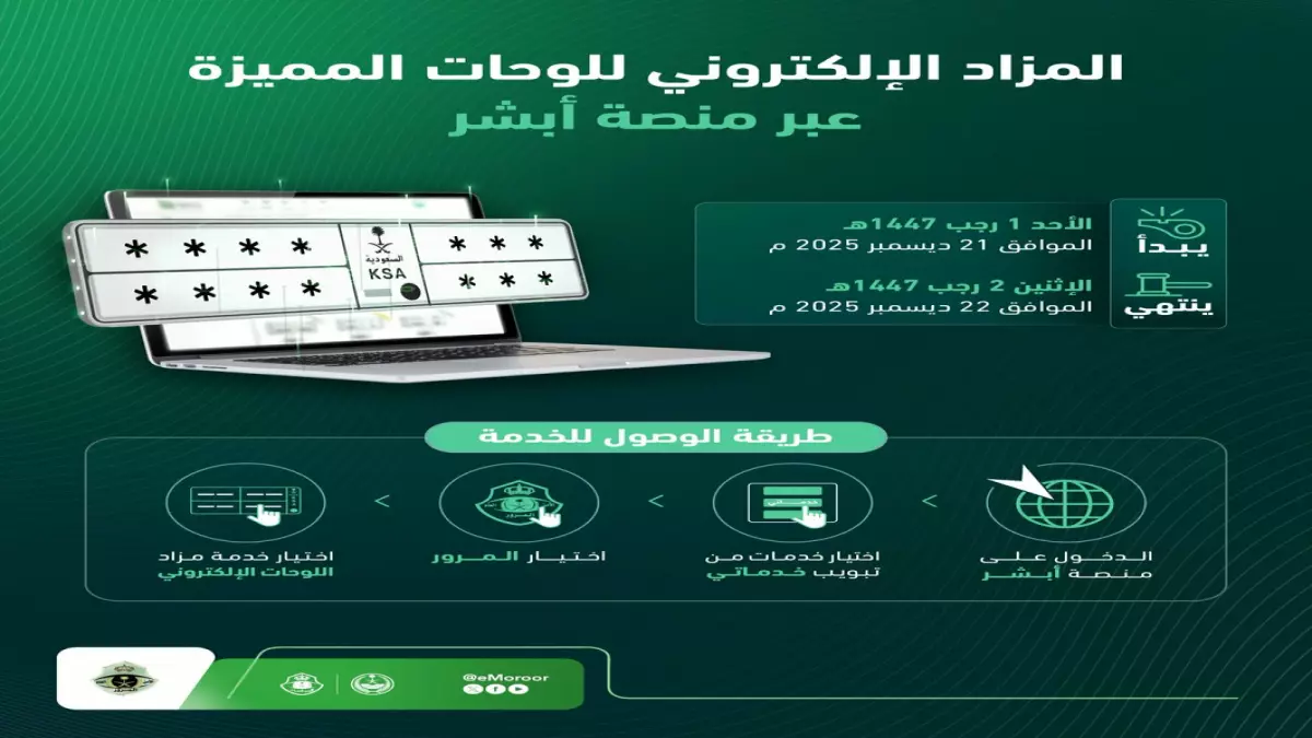 عاجل.. عاجل: السعودية تطلق مزاد اللوحات المميزة غداً الأحد عبر أبشر… فرصتك الذهبية لن تتكرر!
