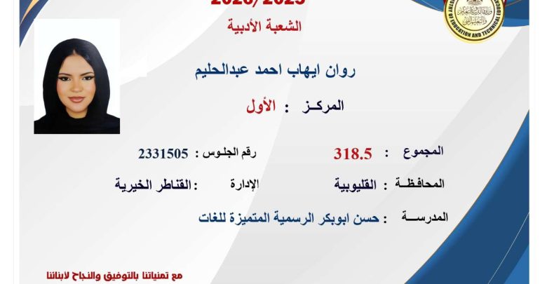 أسماء أوائل الثانوية العامة 2026 أدبي.. روان إيهاب الأولى على الجمهورية
