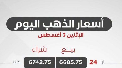 سعر الذهب اليوم الإثنين 3 أغسطس 2026