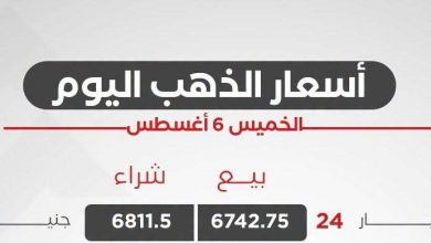 سعر الذهب اليوم الخميس 6 أغسطس 2026